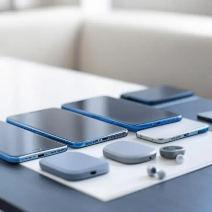 Linia nowoczesnych smartfonów ustawionych w rzędzie na ciemnym tle